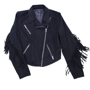 Torrid Womens L Jacket Black Fringe Suede Asymmetric Zip Boho Western Cowgirl